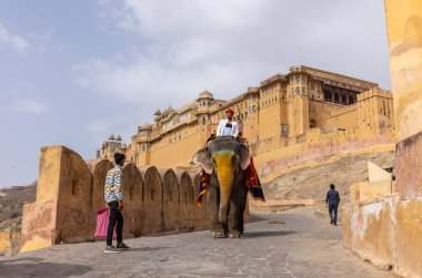 Jaipur 'daki kehribar kalesinde madalyalı file binen kimliği belirsiz bir turist. Arkaplanda Amber Kalesi 'nin mimari görünümü.