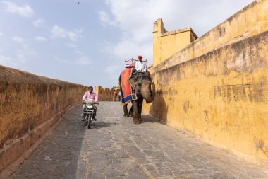 Jaipur 'daki kehribar kalesinde madalyalı file binen kimliği belirsiz bir turist. Arkaplanda Amber Kalesi 'nin mimari görünümü.