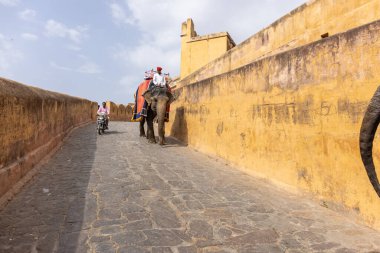 Jaipur 'daki kehribar kalesinde madalyalı file binen kimliği belirsiz bir turist. Arkaplanda Amber Kalesi 'nin mimari görünümü.