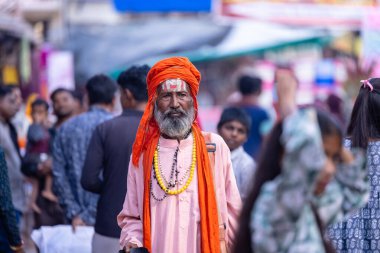 Pushkar, Rajasthan, Hindistan - 11 Kasım 2024: Pushkar Fair, geleneksel sadhu baba erkek portresi deve fuarı sırasında sokakta yürüyor.