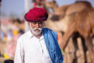 Puşkar, Rajasthan, Hindistan - 11 Kasım 2024: Geleneksel beyaz giysili rajasthani erkek portresi.