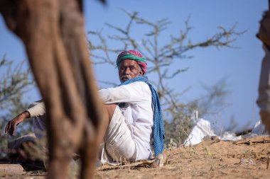 Puşkar, Rajasthan, Hindistan - 11 Kasım 2024: Geleneksel beyaz giysili rajasthani erkek portresi.