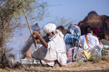 Puşkar, Rajasthan, Hindistan - 11 Kasım 2024: Geleneksel beyaz giysili rajasthani erkek portresi.