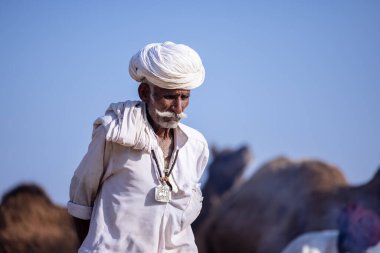 Puşkar, Rajasthan, Hindistan - 11 Kasım 2024: Geleneksel beyaz giysili rajasthani erkek portresi.