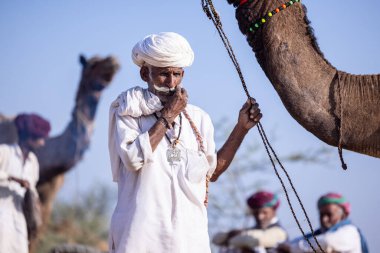 Puşkar, Rajasthan, Hindistan - 11 Kasım 2024: Geleneksel beyaz giysili rajasthani erkek portresi.