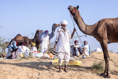 Puşkar, Rajasthan, Hindistan - 11 Kasım 2024: Geleneksel beyaz giysili rajasthani erkek portresi.