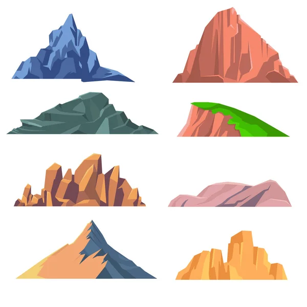 Uppsättning berg stenar platt ikon — Stock vektor