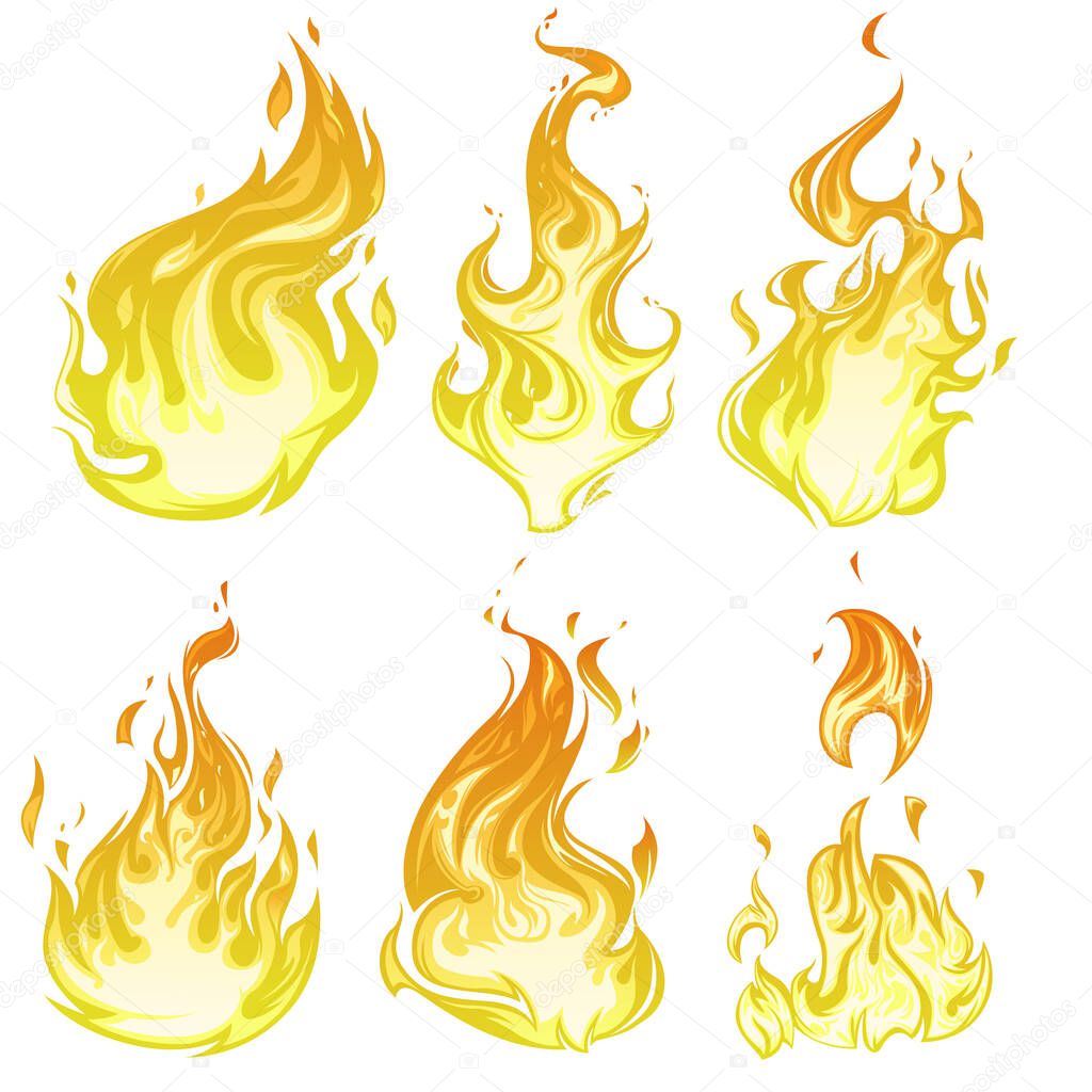 Set of cartoon flame and burning fire