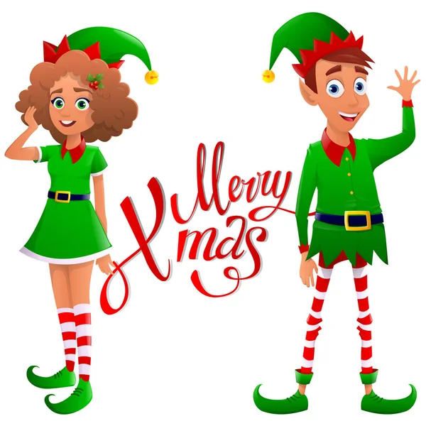 Uomo e donna elfi di Natale — Vettoriale Stock