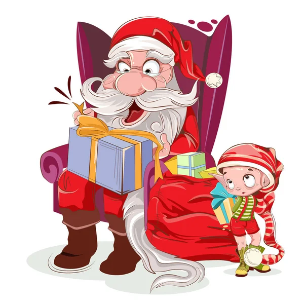 Weihnachtsmann sitzt mit Geschenk im Stuhl — Stockvektor