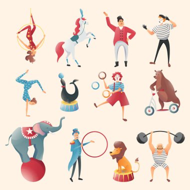 Akrobatik hayvan numaraları seti, sirk hayvanları.