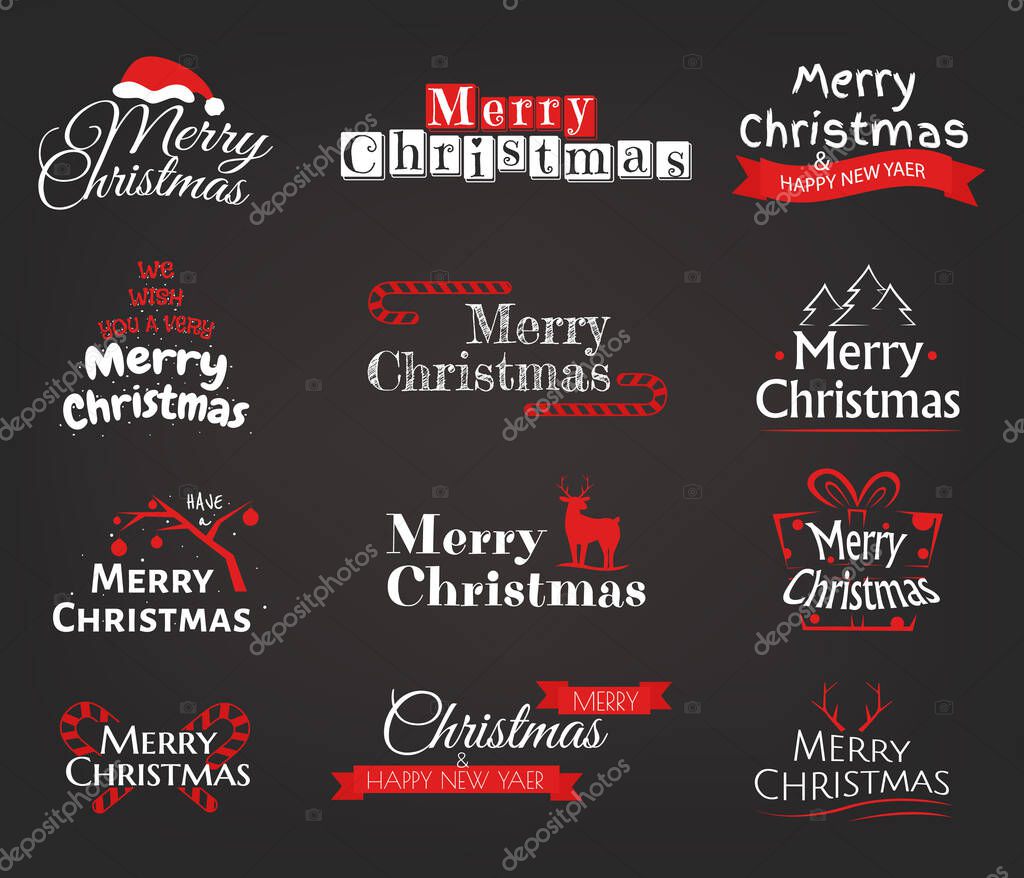 Set of Christmas red typography. Christmas fashionable simple design logo. Happy New Year, typography, lettering, badge, emblems. Vector illustration