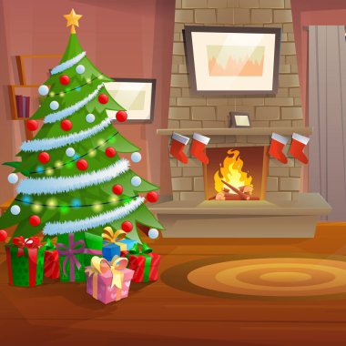 Oturma odası Noel süslemeleriyle dolu.