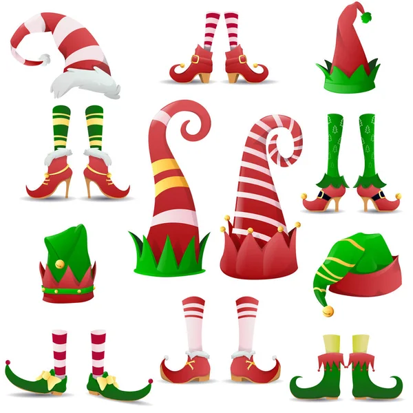 Collection de drôles de chaussures et chapeaux elfes Noël — Image vectorielle