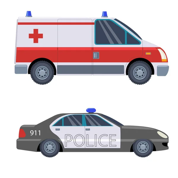 Vehículos de rescate de dibujos animados ambulancia y coche de policía — Archivo Imágenes Vectoriales