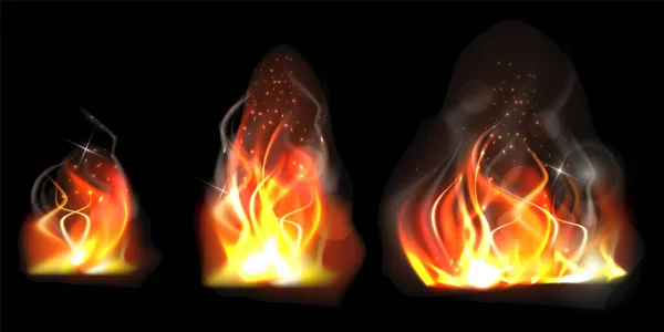 Realistische brandende vlam verschillende maten — Stockvector
