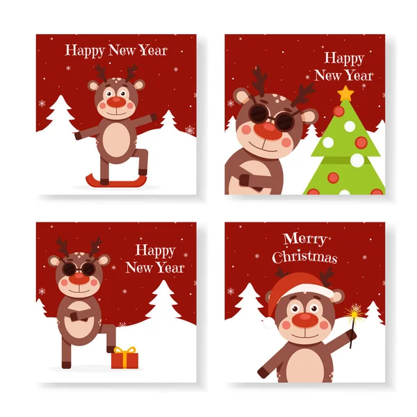 Conjunto de veados de Natal em cartões — Vetor de Stock