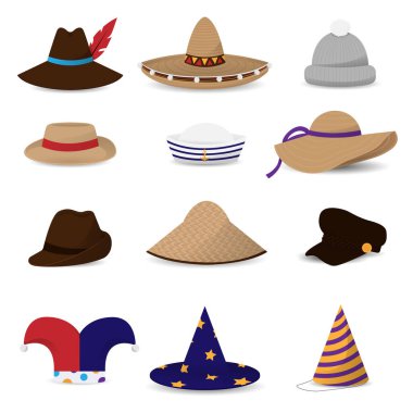 Hats caps flat colored icons clipart