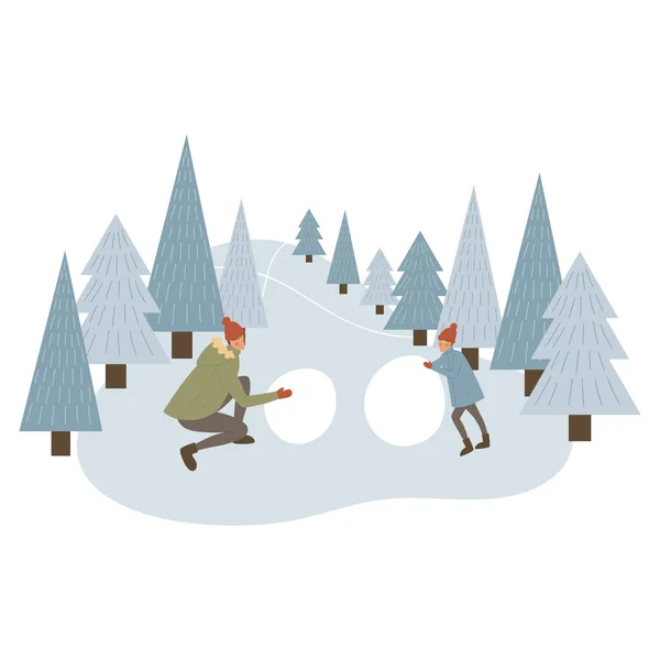 Personagens de desenhos animados fazendo boneco de neve — Vetor de Stock