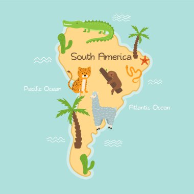 Güney Amerika vahşi hayvan ve bitkilerin haritası.