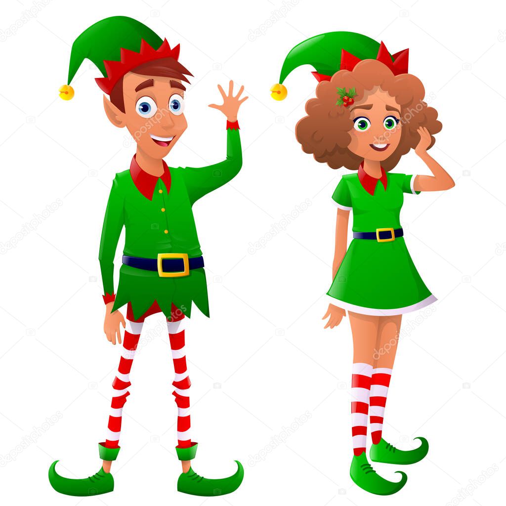 Two cute Christmas elves, man and woman