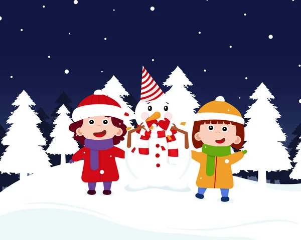Attività all'aperto invernali con bambini e pupazzo di neve — Vettoriale Stock