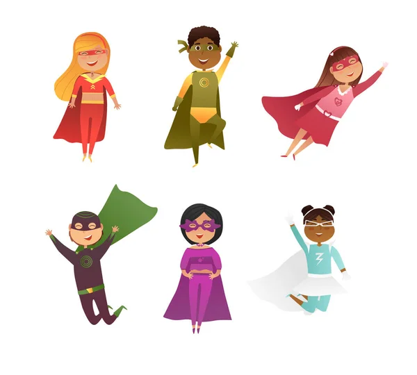 Χαρακτήρες κινουμένων σχεδίων Παιδικά κορίτσια και υπερήρωες αγόρι που — Διανυσματικό Αρχείο