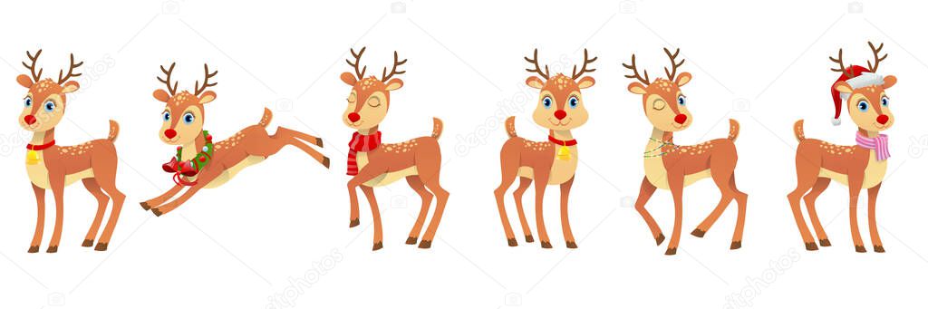 Set of cute reindeer with different emotions in different Santa Claus hat and scarf, snowman, elf. Funny Christmas reindeers isolated on white background. Vector illustration