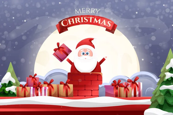 Cartoon Santa Claus with gifts going down to the treasure against the background of the moon. Merry Christmas and Happy New Year card Santa Claus stuck in the chimney on the roof. Vector illustration