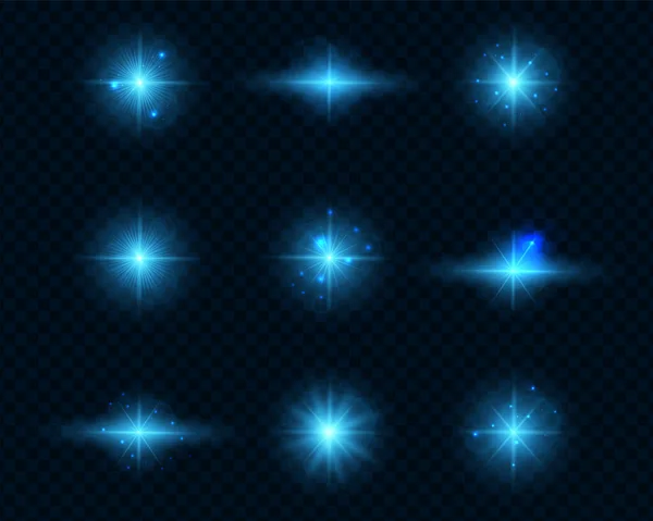 Blue light on a transparent background. A set of nine bright highlights. Bright blue flares and highlights. Bright rays of light. Christmas effects. Vector illustration