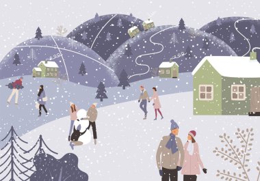 Aileyle dışarıda tatil. İnsanlar kış tatillerinde temiz havada yürürler, kayarlar, küf mantarı atarlar. Yeni yıl ve Noel için güzel bir illüstrasyon. Vektör illüstrasyonu