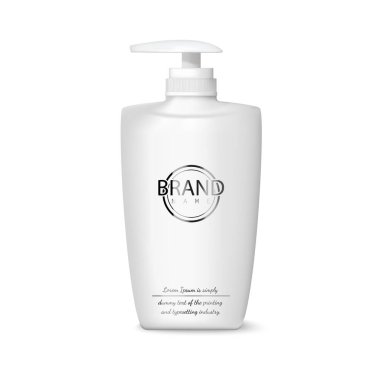 Beyaz arka planda izole edilmiş kozmetik şişesi. Sıvı sabun, losyon, şampuan, duş jeli, losyon, vücut sütü için plastik şişeler. Vektörel resimleme