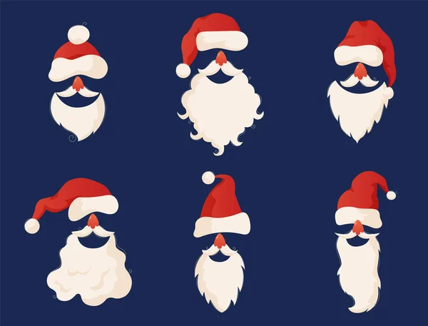 在蓝色背景下孤立的圣诞老人的藏品 圣诞老人帽 胡子和胡子 设计贺卡的圣诞元素 矢量说明 — 图库照片