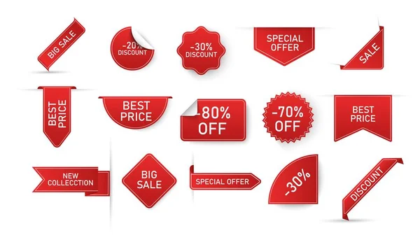 Package of red price tags with letters isolated on white background. Red signs for product designation. Big discounts for winter holidays. Vector illustration