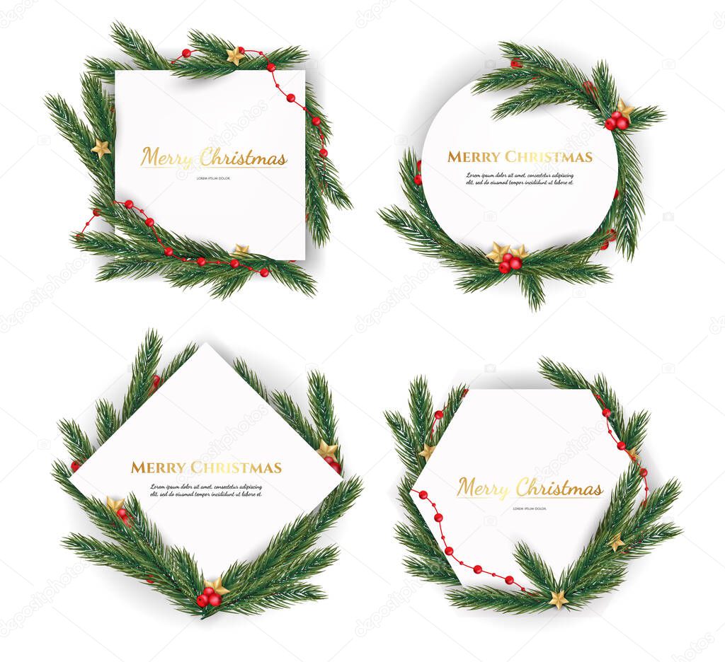 Set of Christmas frames of different shapes frame with gold text on a white background. Christmas tree and geometric pattern. Christmas design. Vector illustration