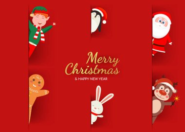 Noel Baba ve arkadaşlarıyla mutlu Noeller. Geyik, penguen, tavşan, kurabiye ve Noel Baba kırmızı arka plandaki harflerin etrafına yerleştiriliyor. Vektör illüstrasyonu