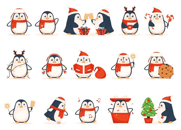 Kolekce Kreslených Tučňáků Bílém Pozadí Veselá Prasata Zimním Oblečení Vánoce — Stock fotografie