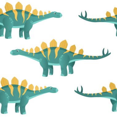 Renkli dinozorlar çizgi film karakteri çizimi. Şirin karikatür Jurasik dinozor. Kusursuz desenler beyaz arka planda resmedilir. Vektör illüstrasyonu