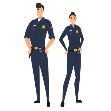 Polis adam ve kadın polis, polisler. Üniformalı iki polis memuru beyaz arka planda izole edilmiş. Vatandaşların korunması. Vektör illüstrasyonu