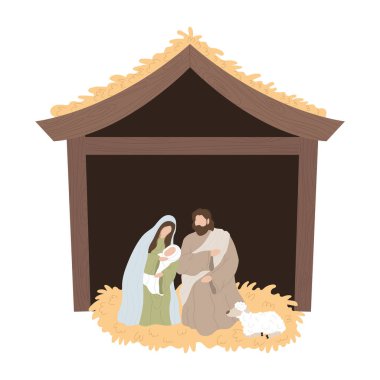 İsa 'nın Doğumu' nun tasviri, bebekli Noel yemliği. Bebek İsa 'nın Meryem ve Yusuf' la birlikte yemlikte doğduğu sahne. Vektör illüstrasyonu