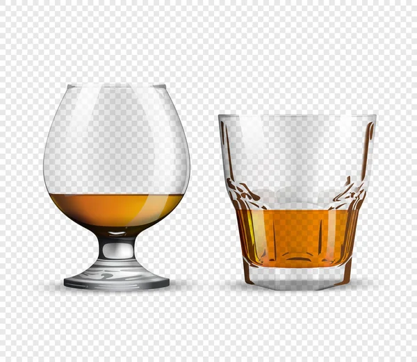 Δύο Ποτήρια Για Ουίσκι Και Ρούμι Που Απομονώνονται Διαφανές Φόντο — Φωτογραφία Αρχείου