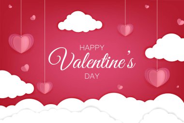 Sevgililer Günü afiş tasarımı. Pembe arka planda bulutlu parlak bir pankart. Sevgililer Günü için 3D dekoratif nesneli vektör illüstrasyonu. Vektör illüstrasyonu