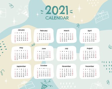 Takvim 2021 modern tarzda. Hassas bir renk paletiyle 2021 yılının planlayıcısı. Soyut vektör takvimi 2021. Vektör illüstrasyonu