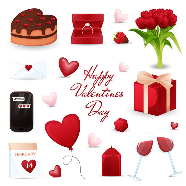 Valentine's Day elements isolated on white background. Balloons, ring, cake, letter, flowers, candles, glasses of wine, gift. Vector illustration