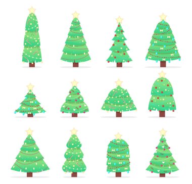 Çizgi film ağaçlarının kusursuz deseni. Beyaz arka planda bir grup Noel ağacı. El ilanları, posterler, kartvizitler gibi basılı ürünler için kullanılabilir. Vektör illüstrasyonu