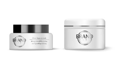 Beyaz arka planda izole edilmiş kozmetik kavanozları koleksiyonu. Krema, yağ ve yağ için plastik kavanozlar. Tasarım için şablonu hazırlayın. Vektörel resimleme