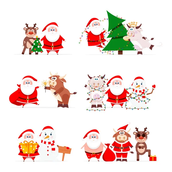 Tecknad Jultomte Med Vänner Nyår 2021 — Stockfoto