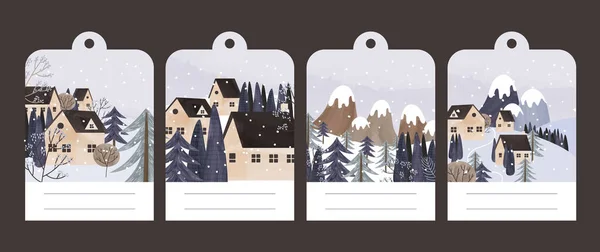 Collezione Cartoline Con Paesaggio Invernale Montagne Case Illustrazione Vettoriale Panoramica — Foto Stock