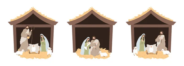 Seth İsa 'nın Doğumu, bebekle Noel ahırı. Bebek İsa 'nın Meryem ve Yusuf' la birlikte yemlikte doğduğu sahne. Vektör illüstrasyonu