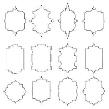 Grafiksel retro element. Beyaz arka planda izole edilmiş antika çerçeve koleksiyonu. Sanat tasarımı sınır etiketleri. Boş çerçeve şablonu. Vektör illüstrasyonu